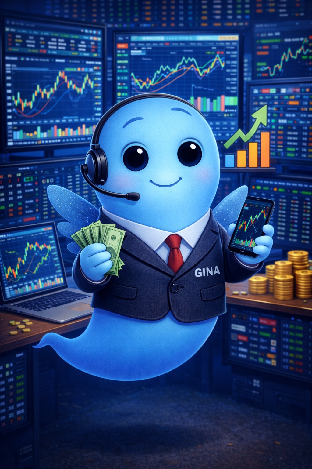 Gina als Traderin mit Marktanalysen und Charts